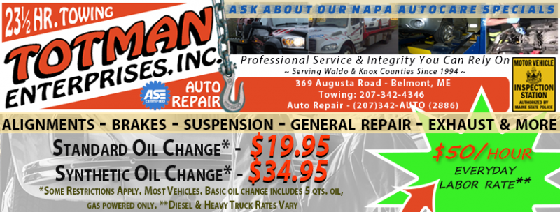 general auto repair, brake repair, exhaust repair, 23-1/2 Hour towing, Waldo County auto repair, Belfast Maine auto repair, alignments, struts and shocks